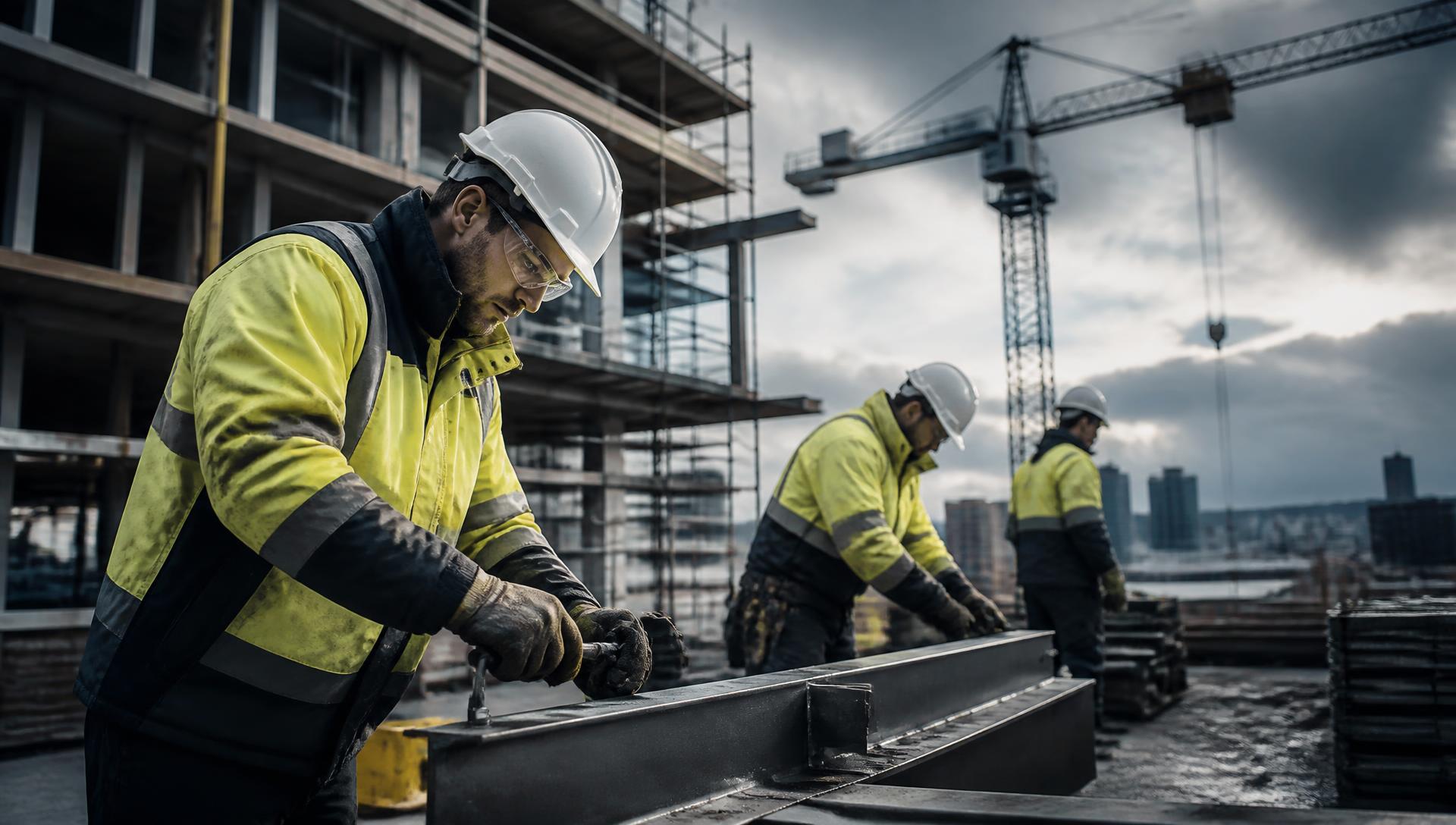 Construction workers wearing high-visibility jackets, safety helmets and protective gloves on an industrial site